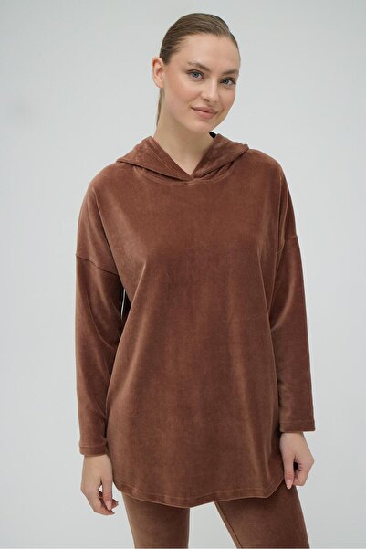 GİZZEY Σκούρο καφέ με κουκούλα μακρυμάνικη βελούδινη φόρμα - C0T2N0O12