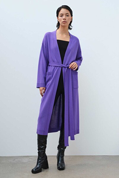 Mısırlı Mor Belden Bağlamalı Uzun Kadın Hırka