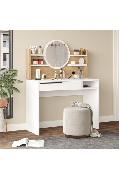 Yurudesign Ocean Makyaj Masası Aynalı Raflı Çekmeceli Sepet-beyaz On28-sw