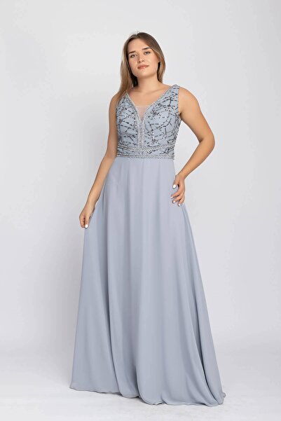 JUZENNA 20202 BB Beli Taş Şerit Pul İşlemeli Krep Şifon Uzun Elbise