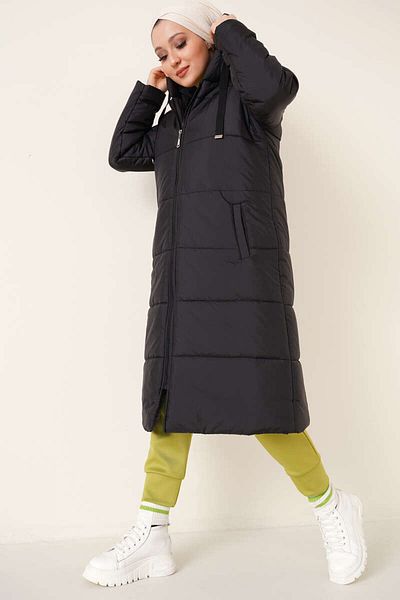 Bigdart T5120 Langer Puffer Hijab-Mantel mit Kapuze - Schwarz