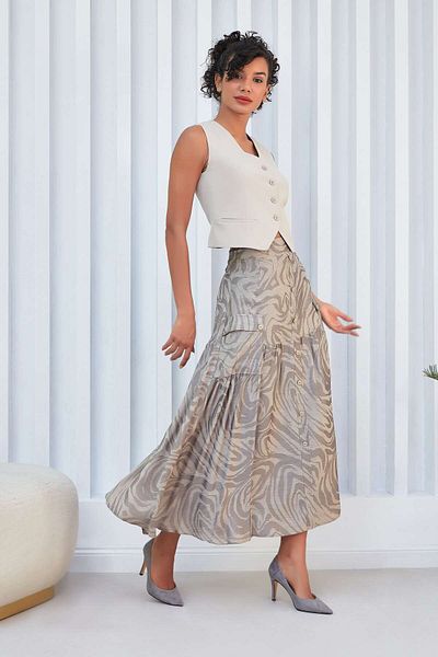 blouzella V-neck Stylish Stone Colored Woven Vest with Belt Detail