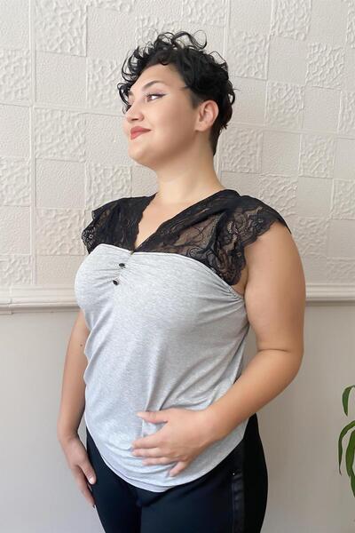 Zer Otantik Buttoned Lace Plus Size Combed Cotton Blouse Gray