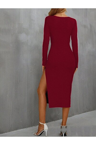 buğrahayalin    Women's Long Sleeve Chest and Navel Low-Cut Detail Sandy Midi Dress