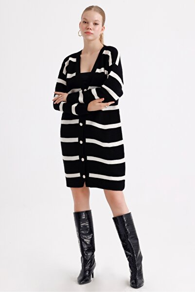 MD trend Women's Buttoned Self Patterned Long Oversize Striped Knitwear Cardigan