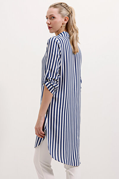 Bigdart 5613 Yaka Bağcıklı Çizgili Tunik - Mavi