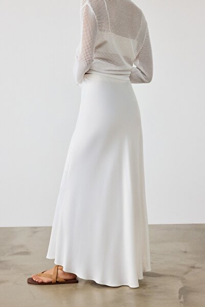 Mısırlı Beyaz Yüksek Bel Uzun Etek