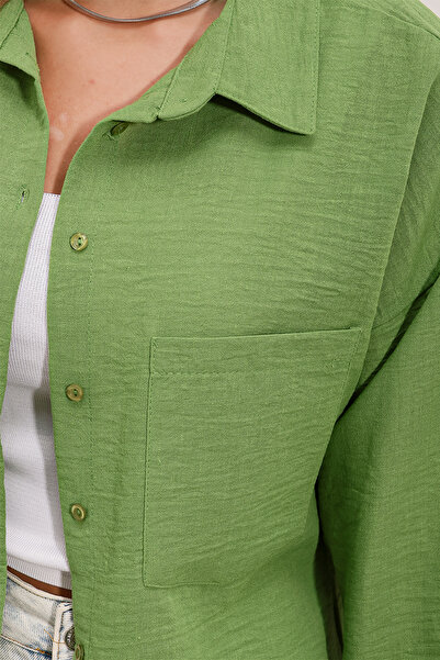 Bigdart 20153 Tek Cepli Oversize Keten Gömlek - E.yeşil