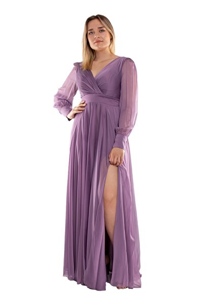 DORİDORCA 2082 Büyük Beden Kristal Şifon Kruvaze Yaka Yırtmaçlı Kollu Uzun Abiye