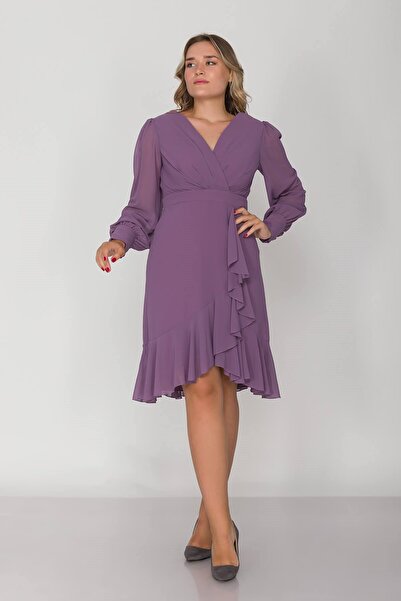 DORİDORCA 2117 BB Kruvaze Yaka Eteği Valonlu Şifon Tül Kol Kısa Elbise