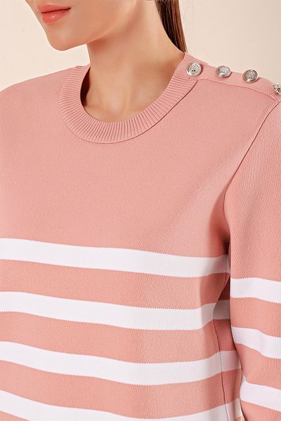 Bigdart 15820 Button Detailed Striped Sweater - Powder