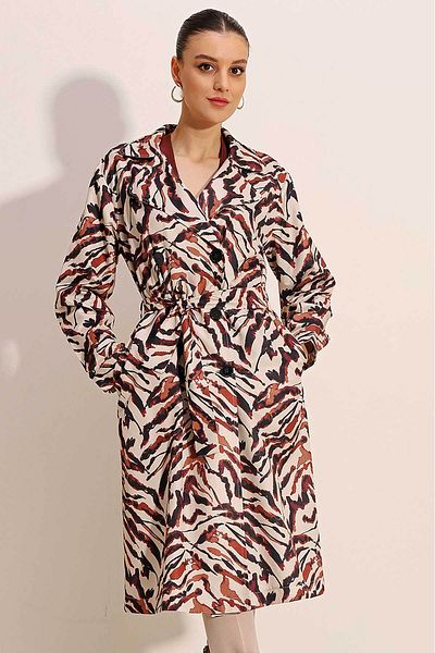 Bigdart 5853 Patterned Double Breasted Collar Trench Coat - C. Beige