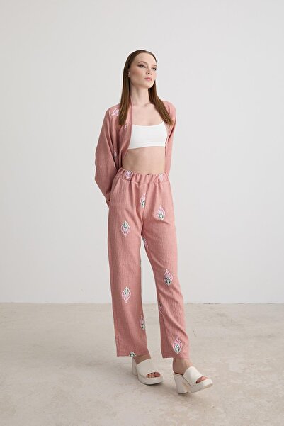 LEVURE Shawl Patterned Linen Trousers Pudra