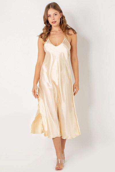 Miorre Back Low-cut Laced Slit Satin Nightgown Set