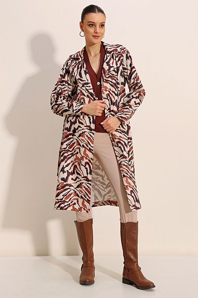 Bigdart 5853 Patterned Double Breasted Collar Trench Coat - C. Beige