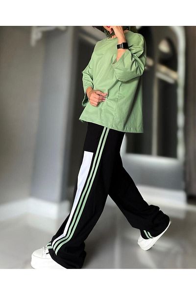 MANCY Women's Large Size T-Shirt Side Stripe Sweatpants Double Set