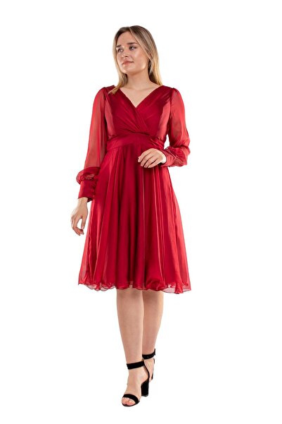 DORİDORCA 3050 Büyük Beden İpek Saten Kruvaze Yaka Uzun Tül Kol Kısa Kloş Elbise