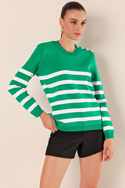 Bigdart 15820 Button Detailed Striped Sweater - Green