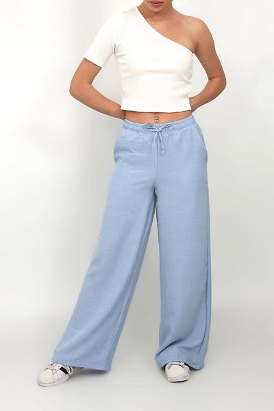 Simala Blue Linen Women's Trousers - Elastic Waist, Wide Leg