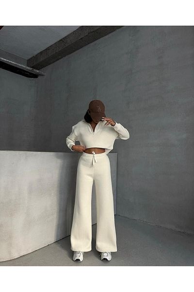 Keywest Women's Large Size Half Zipper Crop Sweatshirt Sweatpants 3 Thread Double Set