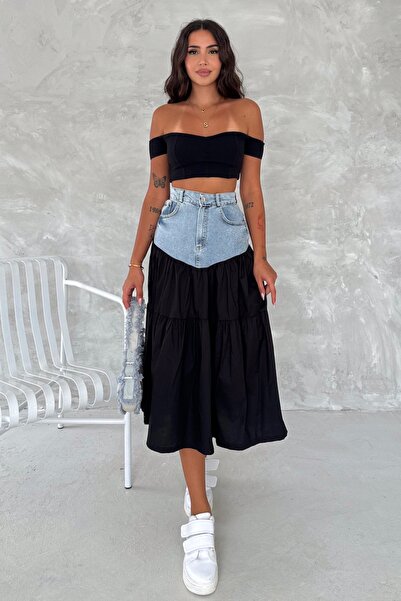 FEMELLE Fusta de damă din denim negru cu buzunare