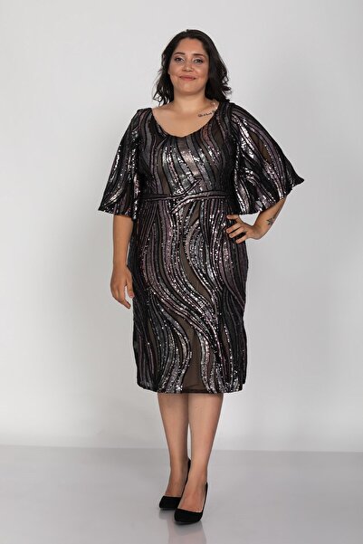 ARIKAN 3513 Büyük Beden Valon Kol Degrade Pulpayet Kısa Elbise