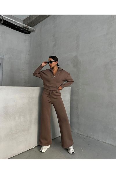 MANCY Women's Large Size Half Zipper Crop Sweatshirt Sweatpants 3 Thread Double Set