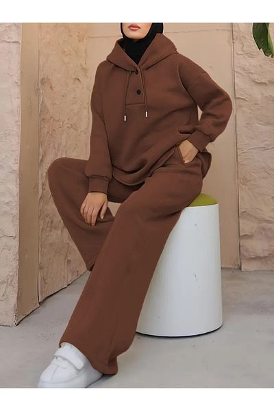 Keywest Women's Hooded Collar Buttoned 3 Thread Hijab Double Set