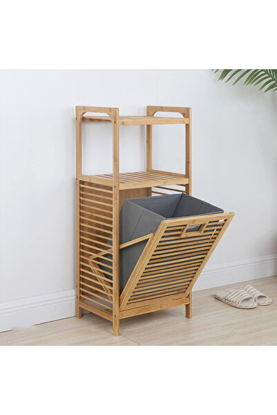 Begin Power Bambu 2 Raflı Kirli Sepeti Çok Amaçlı Banyo Düzenleyici Organizer Raf