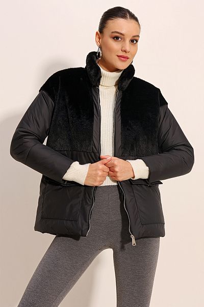 Bigdart 5179 Palton puf cu blană artificială - negru
