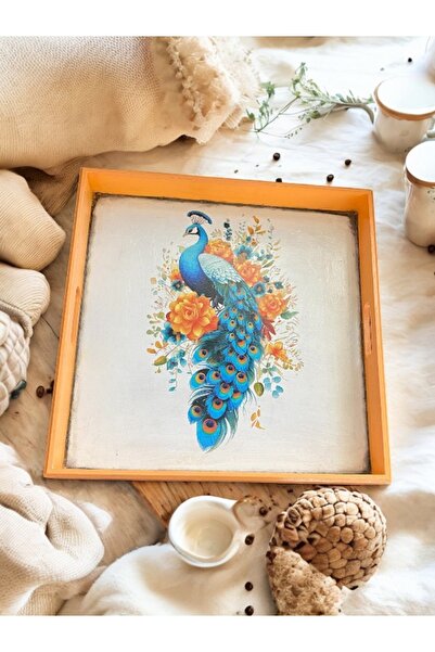 Lion El Yapımı Tavuskuşu Desenli Tasarım Tepsi