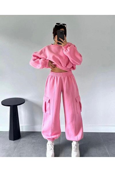 MANCY Women's Crop Sweatshirt Cargo Pocket Sweatpants 3 Thread Double Set