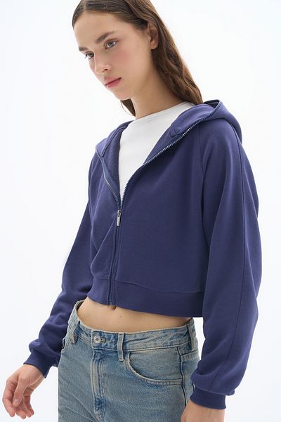 Wear Three Points Zipper - Relaxed Fit Full Length Zippered Hooded 3 Thread Premium Knitted Fabric Navy Blue Sweatshirt