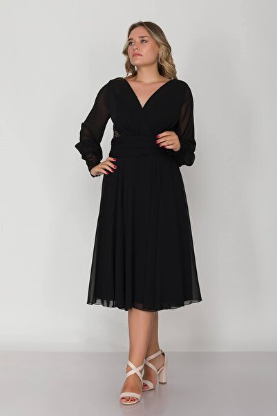 DORİDORCA 3043 Büyük Beden Kruvaze Yaka Dantel Uzun Kol Şifon Midiboy Elbise