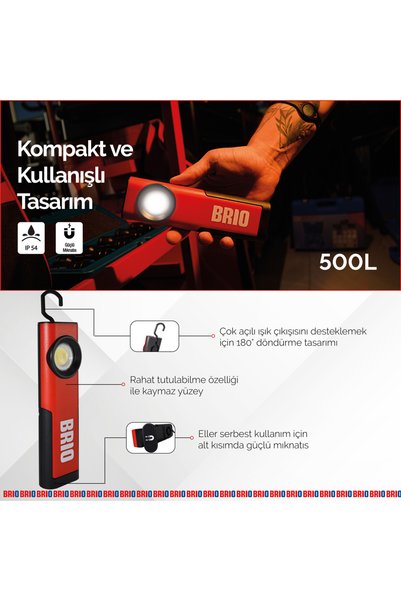 BRIO Usb Şarjlı, Mıknatıslı, Askılı, Led Fener, Led Lamba 500 Lümen Tamirci Feneri