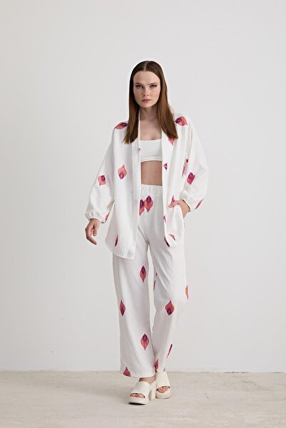 LEVURE Şal Desenli Keten Pantolon EKRU