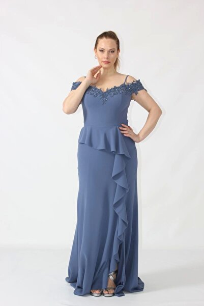 Moda Berray 2401 İndigo Göğsü Aplik İşlemeli Eteği Volanlı Uzun Abiye