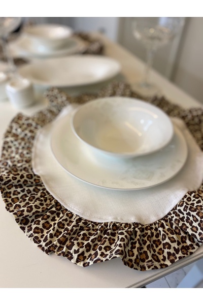 eyma home %100 pamuk keten leopar fırfırlı  beyaz supla takımı 6 adet