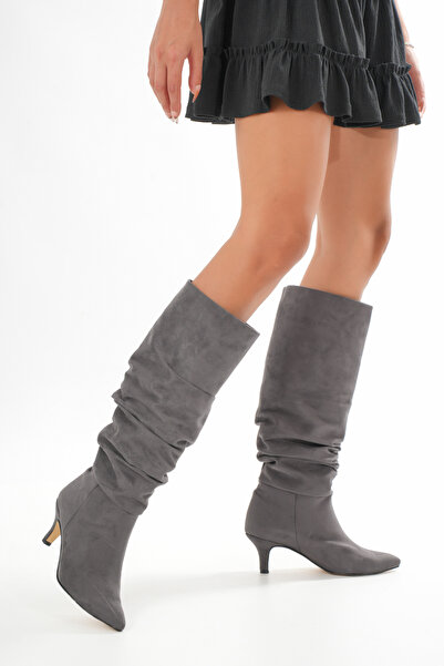 brawerlife Midnight Жіночі/Дівчачі Сірі Короткі Чоботи на Каблуках із Загостреним Носком та Деталями із Замші