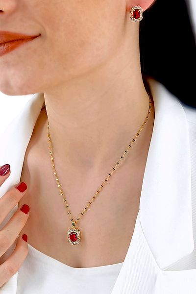 Çlk Accessories مجموعة أقراط وقلادة بيضاوية من حجر الزركون الفولاذي