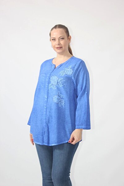 Moda Berray 3292 Mavi Çiçek Nakış Detaylı Desenli Pamuklu Yıkama Keten Yazlık...