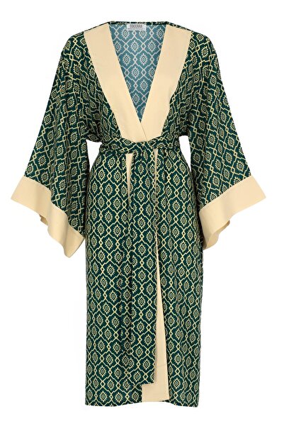 COCCARA AMALFI VISkON ETNIK DESEN GREEN-CREAM KIMONO