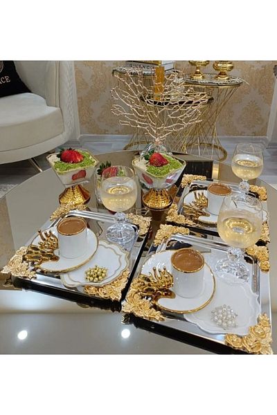 LOKMAN ZÜCCACİYE Silver Gold Detailed 18/10 Steel Coffee Presentation Tray 4 Pieces
