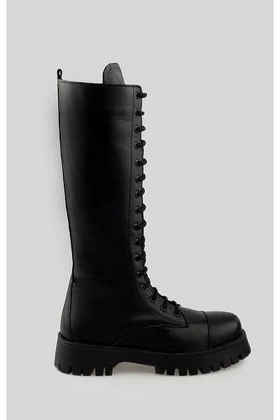 sovrana Genuine Leather Lace-Up Long Boots Black