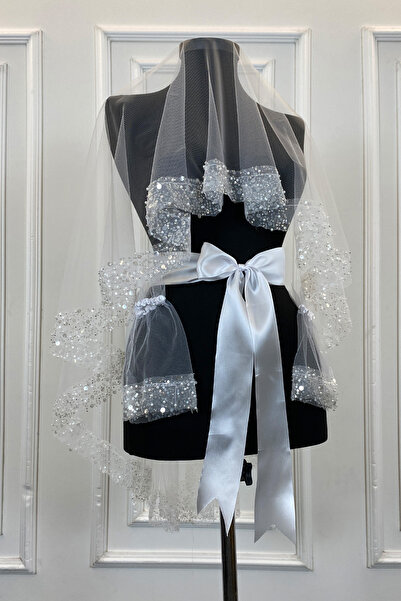 ZEYMERADE Beyaz Geniş Pullu Ve Incili Gelin Duvak Seti, Kına Gecesi Örtüsü Al...