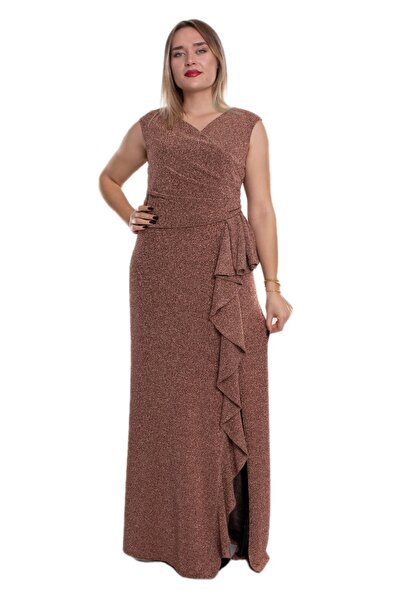 LİLAS XXL 9424 Büyük Beden Yanı Drape Sim Kumaş Yırtmaçlı Uzun Elbise