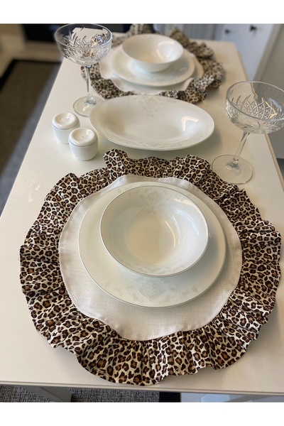 eyma home %100 pamuk keten leopar fırfırlı  beyaz supla takımı 6 adet