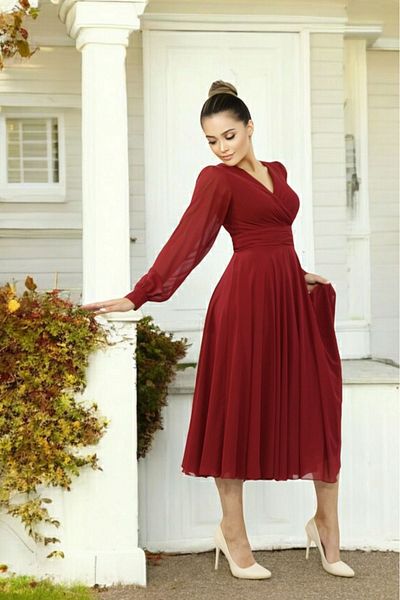 FaBe Fashion Long Sleeve Covered Back Double Breasted Collar Midi Chiffon Dress