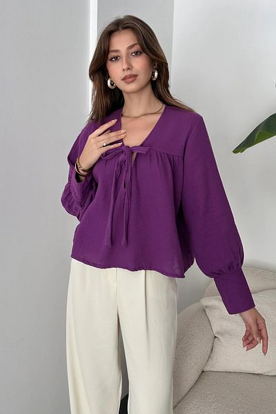 Fav Style بلوزة نسائية بأكمام طويلة ورقبة على شكل حرف V باللون الأرجواني