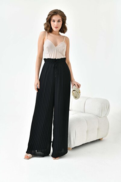 FTZ WOMEN Γυναικείο παντελόνι σιφόν πλισέ μαύρο 30700